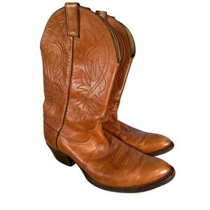 Justin Vintage Tan Leather Western Cowboy Boots Decorative Stitching Size 8.5 B